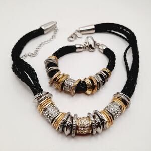 Chico’s Black Braided Necklace & Bracelet Set Rhinestone Charms Gold Silver Tone